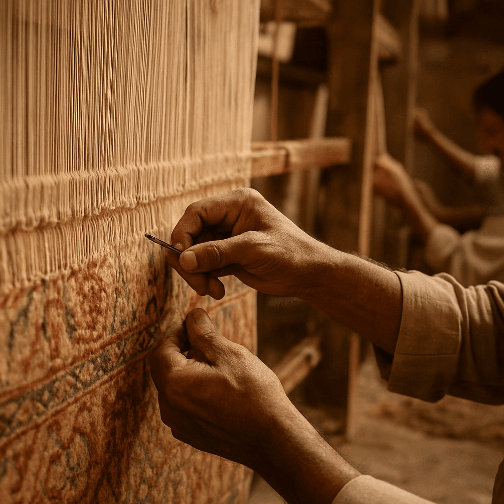 Indian artisan weaving premium handmade carpet for export